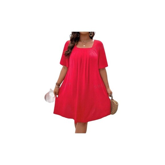 SHEIN CURVE VCAY Plus 1XL Square Neck Plicated Detail Dress Red Brand New - Picture 15 of 16